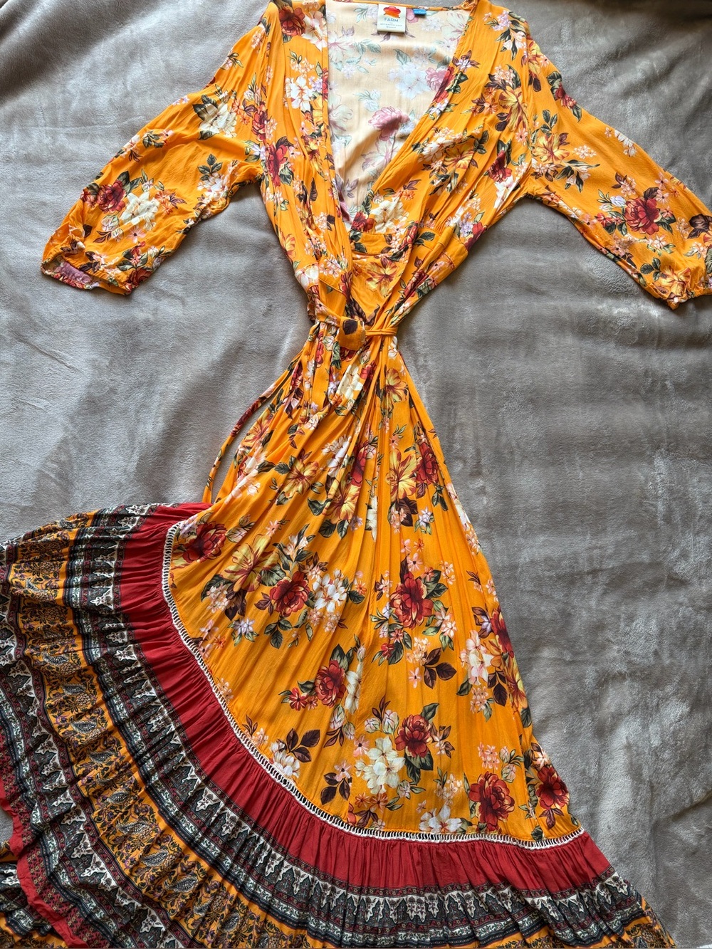 Anthropologie Farmrio Golden Yellow Floral Wrap Maxi Dress with Rust Border